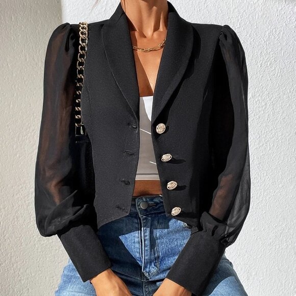 Black Boho Womens Contrast Mesh Bishop Sleeve Shawl Collar Blazer - Picture 5 of 6